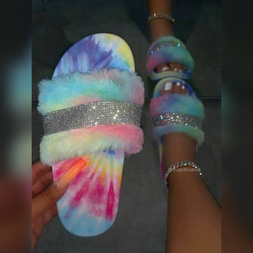 💎 Diamond Band Rainbow Fur Sandals 💎